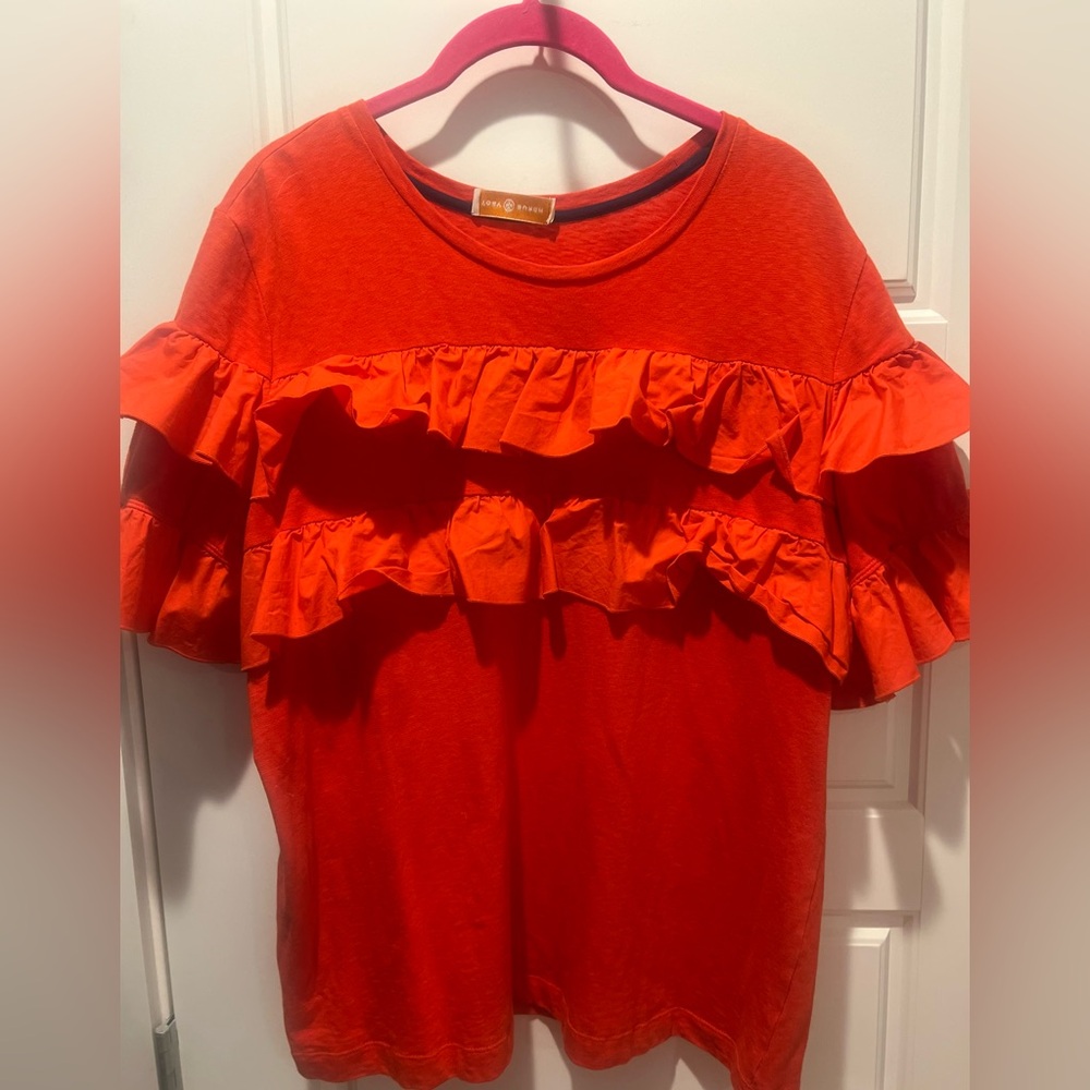 Tory Burch Orange Color 100% Cotton Ruffled T Shirt Size XL